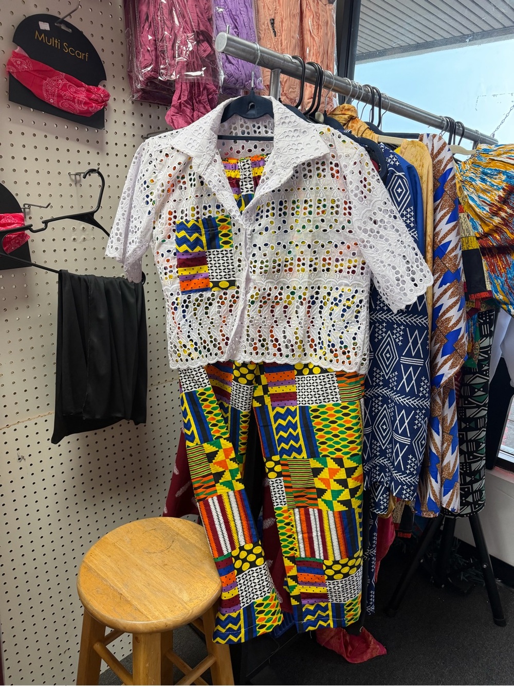 White Eyelet Crop Shirt with Vibrant Kente Print Pants